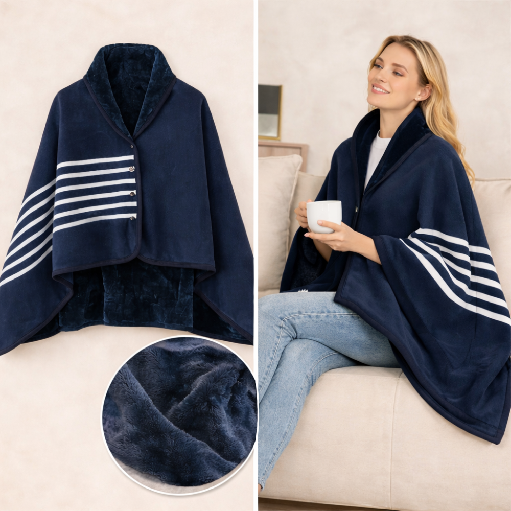 Navy blue wearable blanket with soft fleece lining, worn as a thermal shawl for warmth and comfort at home