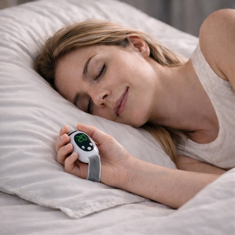 Woman resting in bed using beprana microcurrent sleep and relaxation device