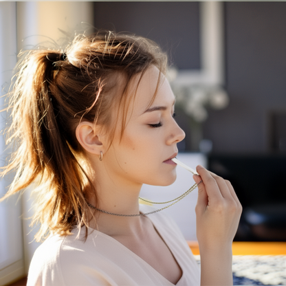 Woman using beprana breathing necklace for guided breath on neutral indoor setting