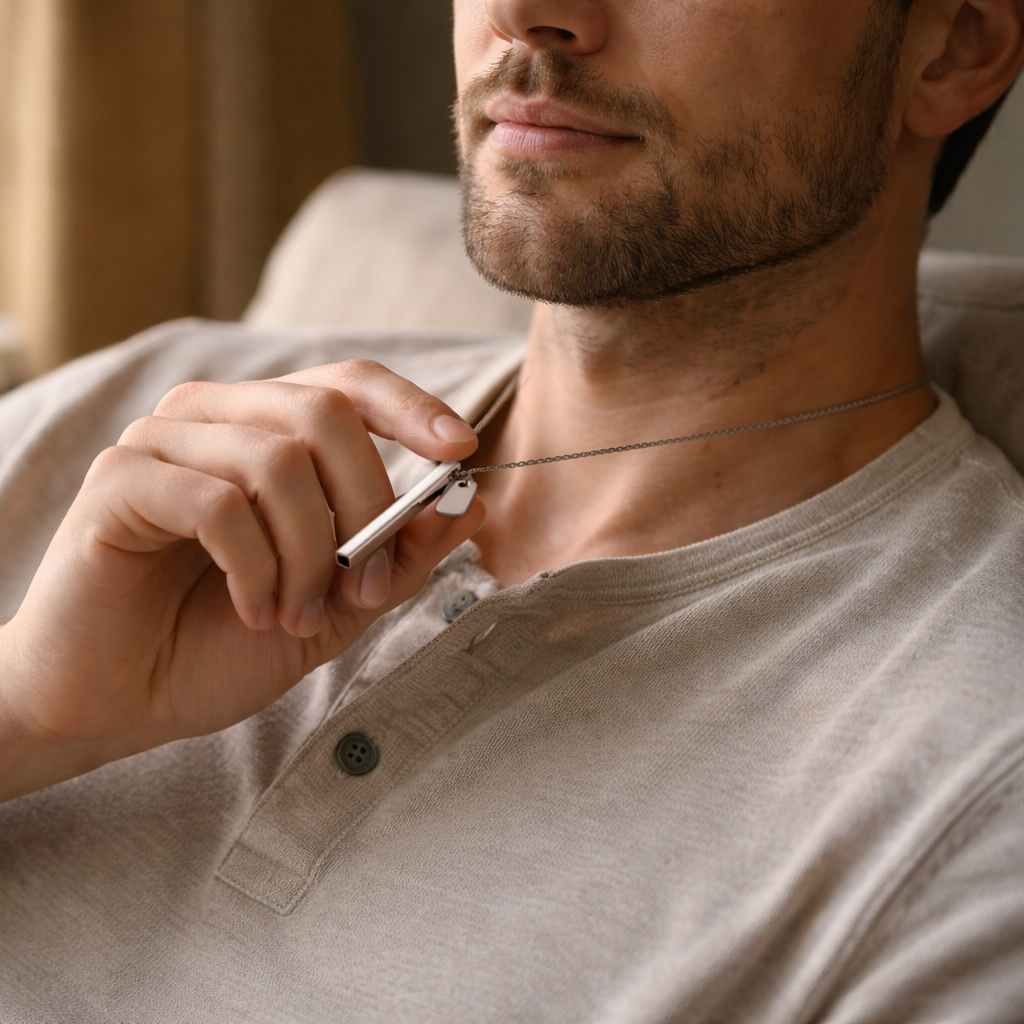 Man adjusting his breathing necklace in a  living room