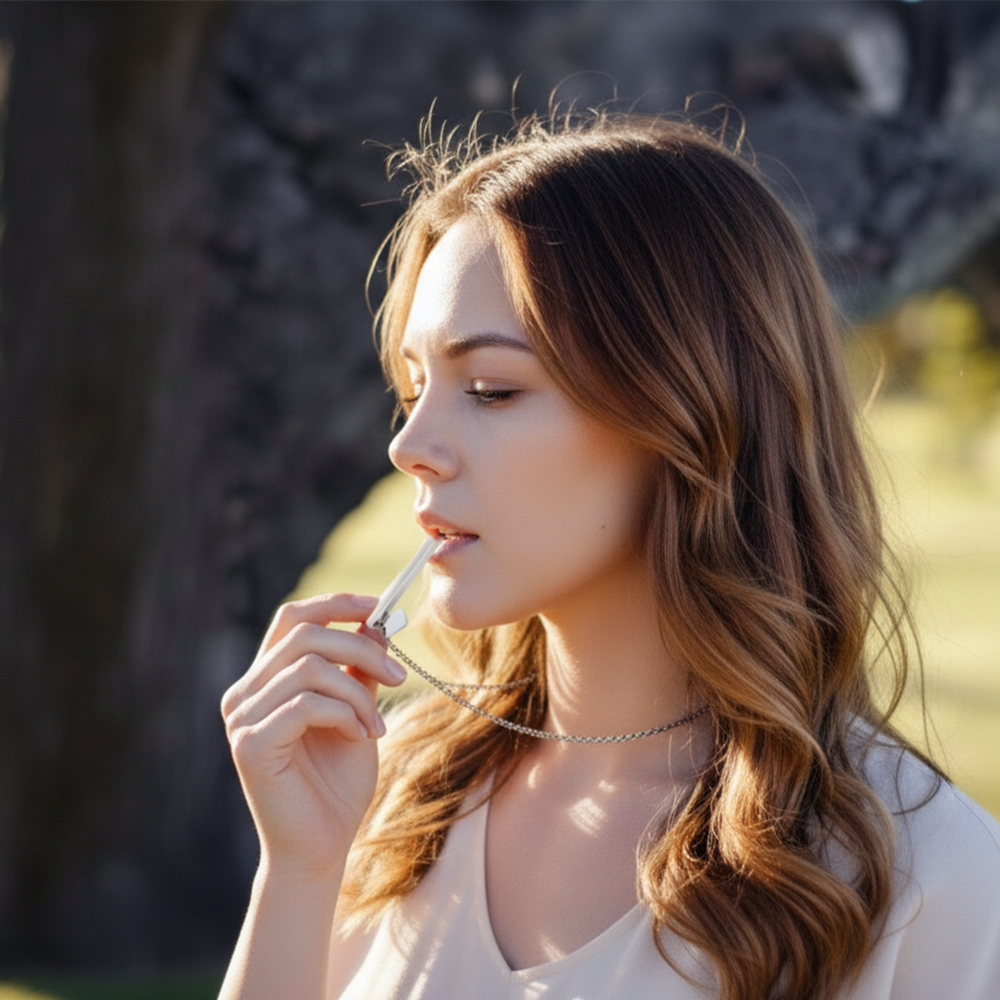 Woman using beprana breathing necklace outdoors during calm breathing moment