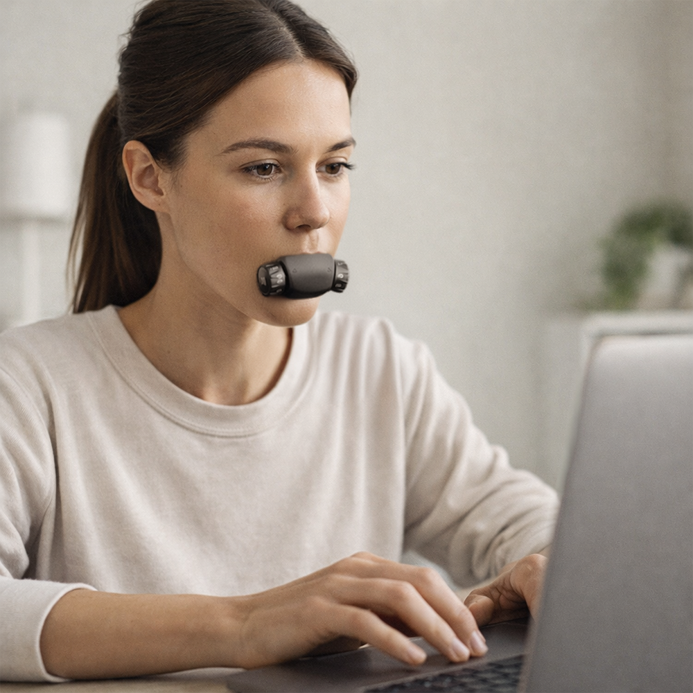 Woman using adjustable breathing trainer for controlled breathing at home office