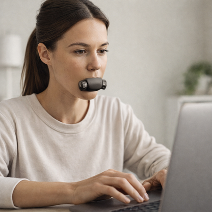 Woman using adjustable breathing trainer for controlled breathing at home office