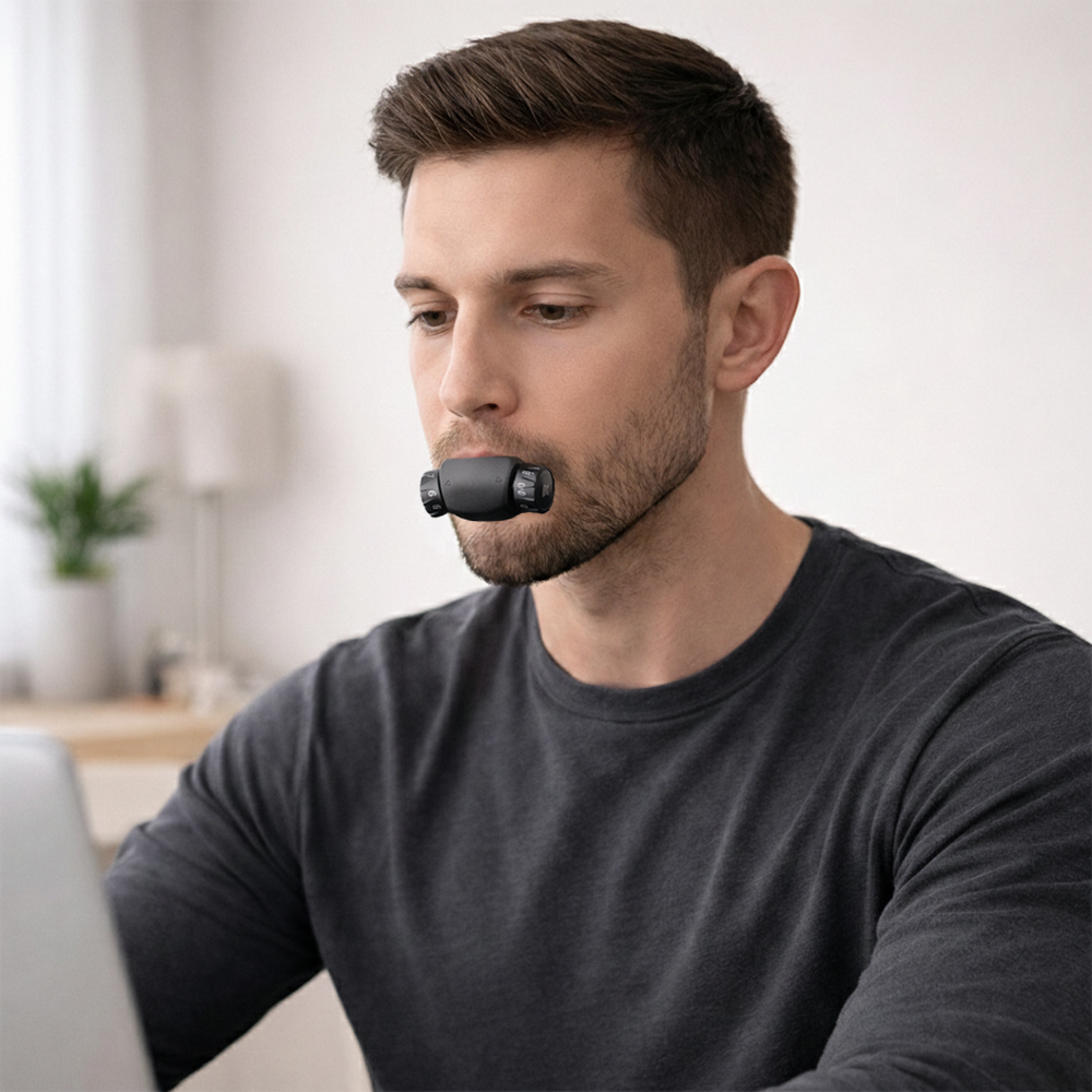 Man working from home doing breath training 