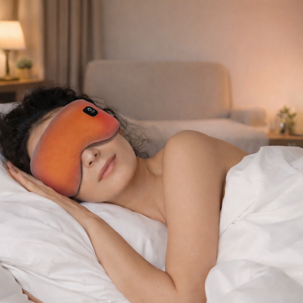 Woman resting in bed wearing beprana heated eye mask for calming and decompression