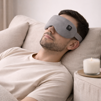 Man wearing beprana heated eye mask for nervous system regulation while resting on a sofa