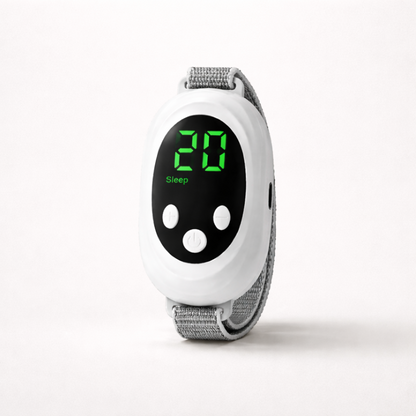 Microcurrent sleep and relaxation device with digital display and adjustable fabric strap on a neutral premium background