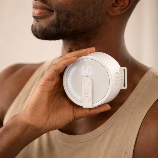 Man holding beprana portable heat therapy device