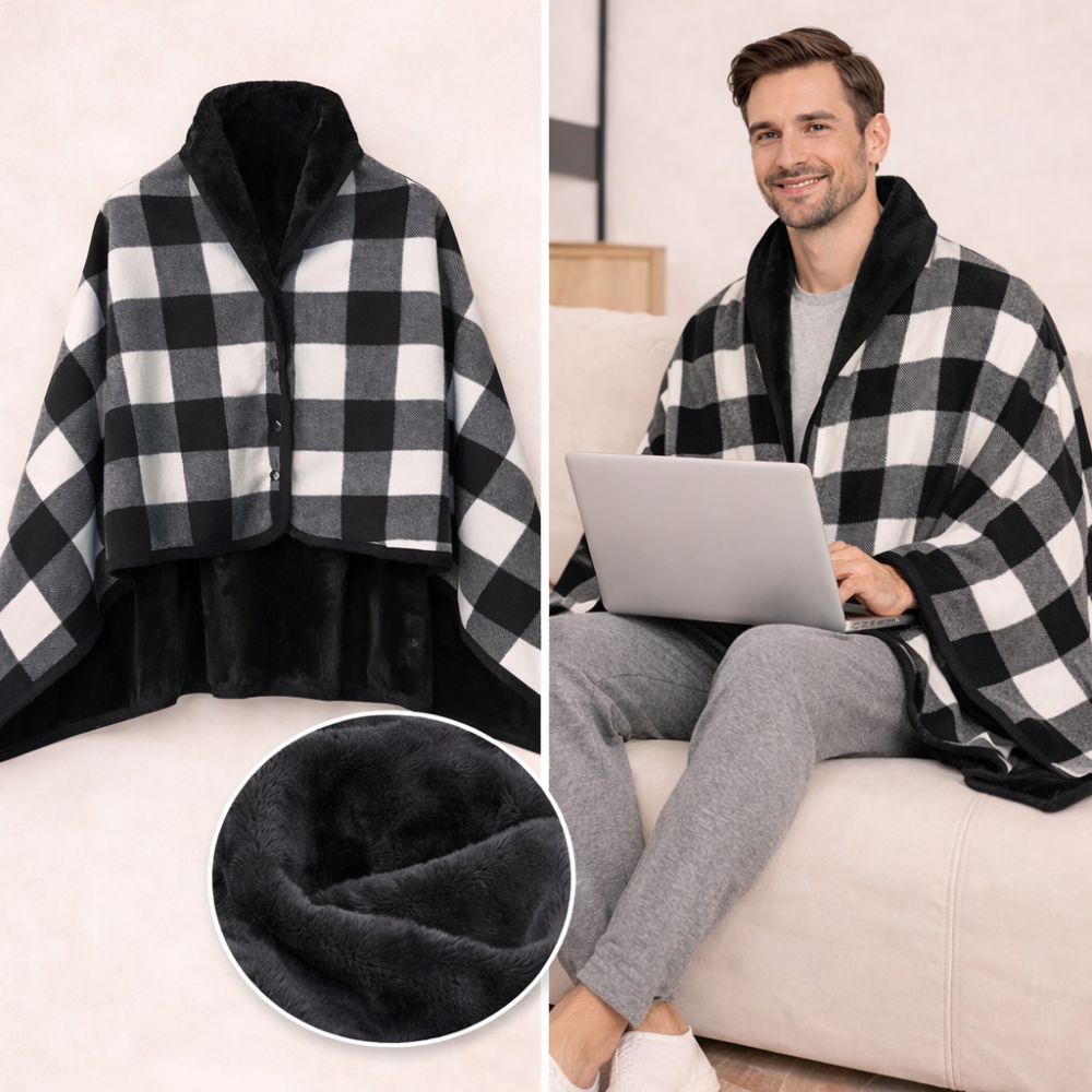 Black wearable blanket used as a shawl and blanket, shown on model working with laptop and close-up of soft interior fabric
