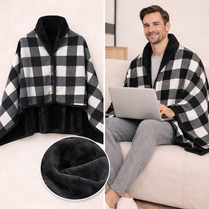 Black wearable blanket used as a shawl and blanket, shown on model working with laptop and close-up of soft interior fabric