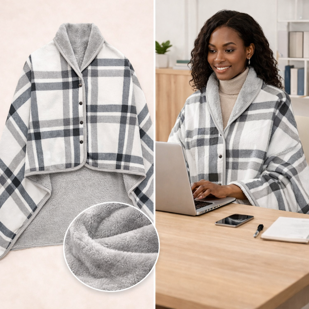 Woman working at a desk wearing a grey plaid wearable blanket wrap for warmth and focus